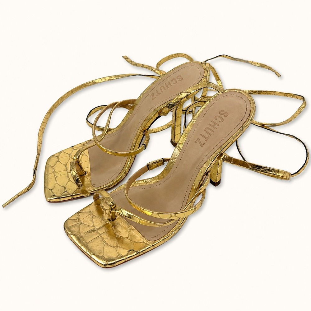 Schutz 6B Krist Lace Up Grecian Goddess Sandals Gold Metallic Croc Square Toe